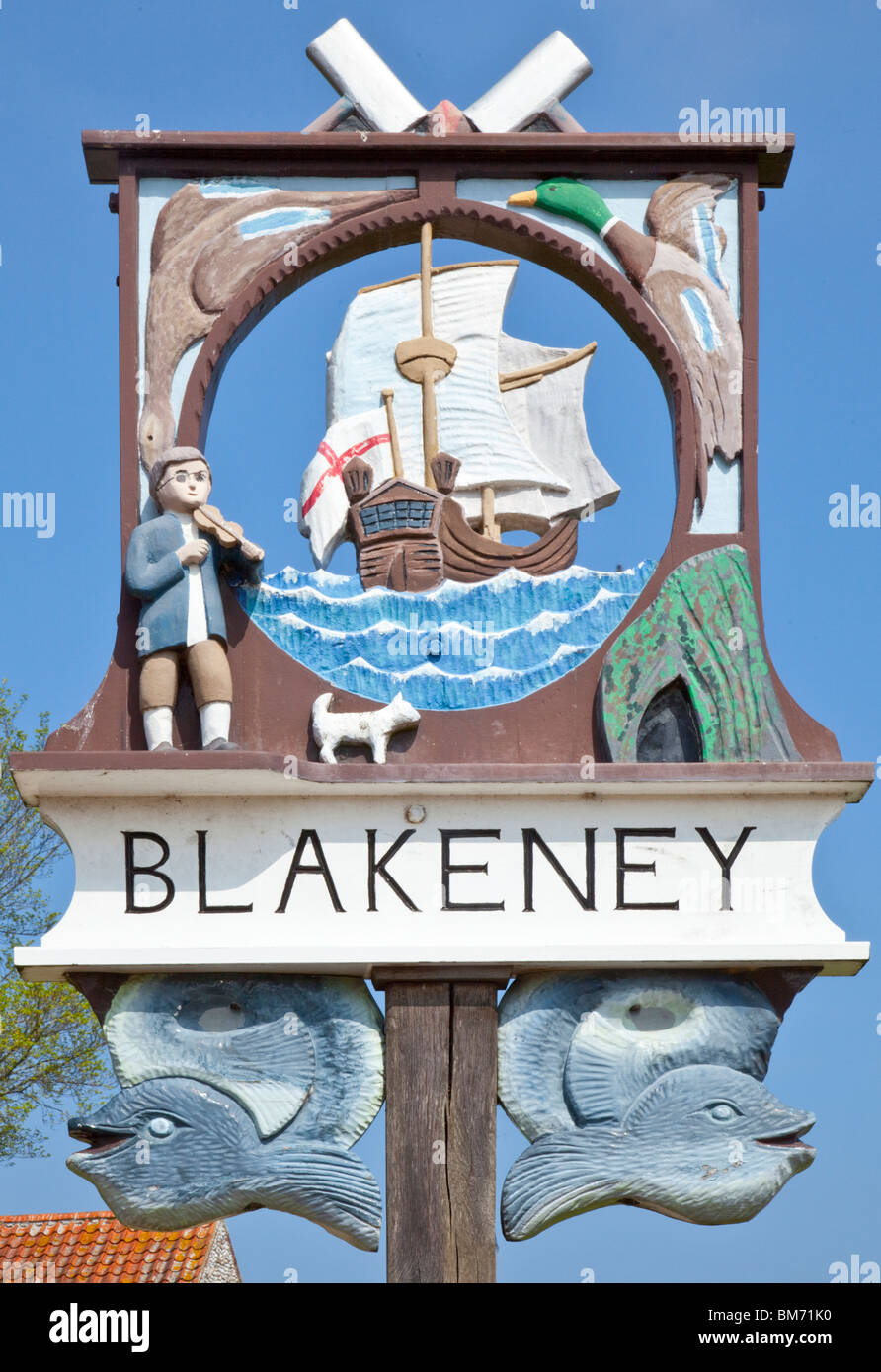 Ortsschild an Blakeney, Norfolk, England, UK Stockfoto