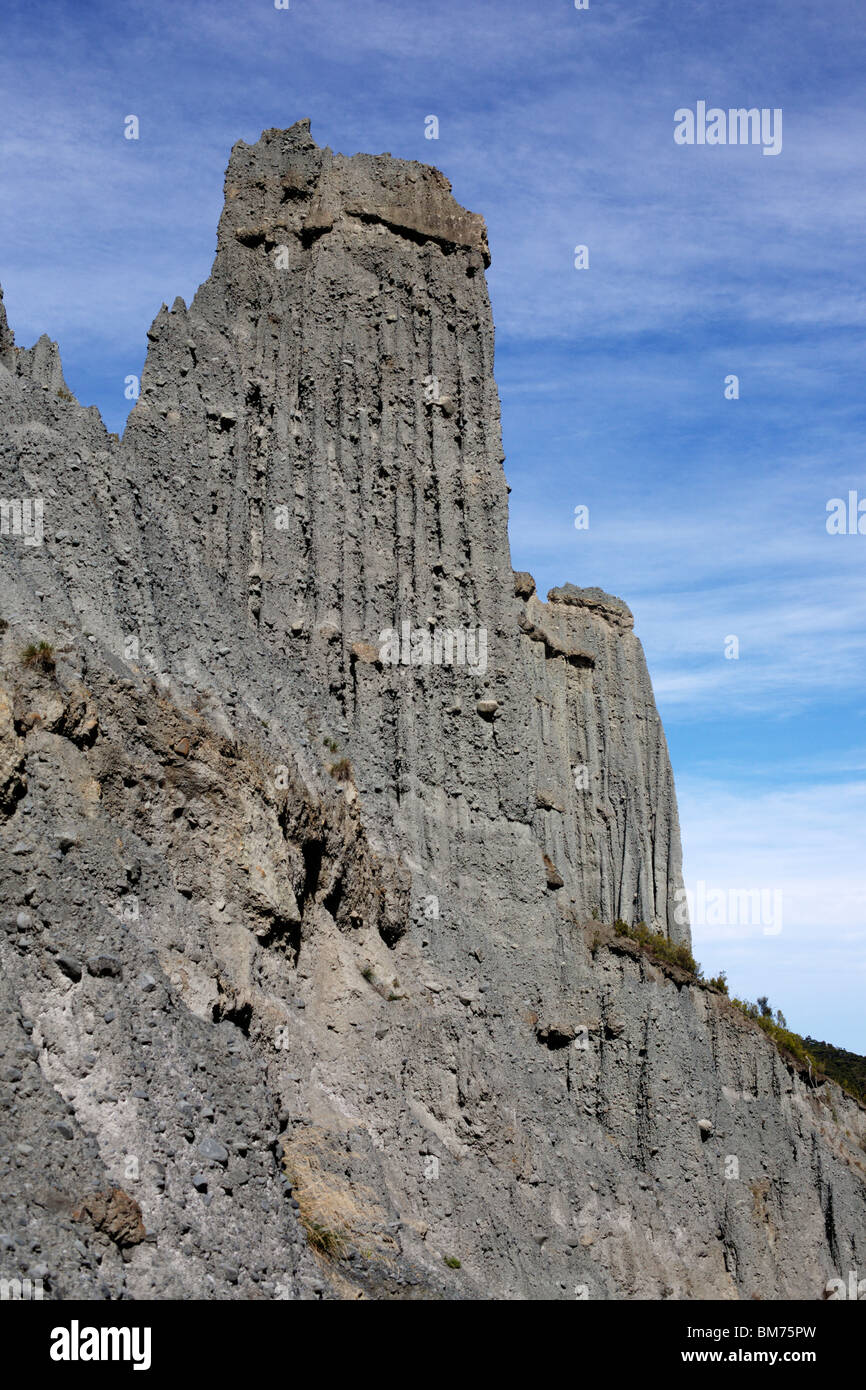 Die Putangirua Pinnacles Felsformationen in der Palliser Bay auf der Wairarapa Küste von Neuseelands Nordinsel Stockfoto