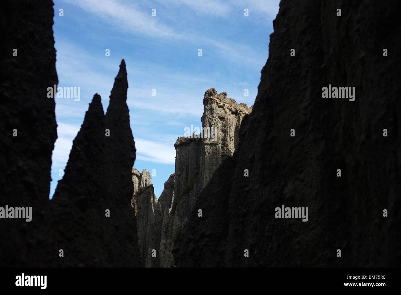 Die Putangirua Pinnacles Felsformationen in der Palliser Bay auf der Wairarapa Küste von Neuseelands Nordinsel Stockfoto