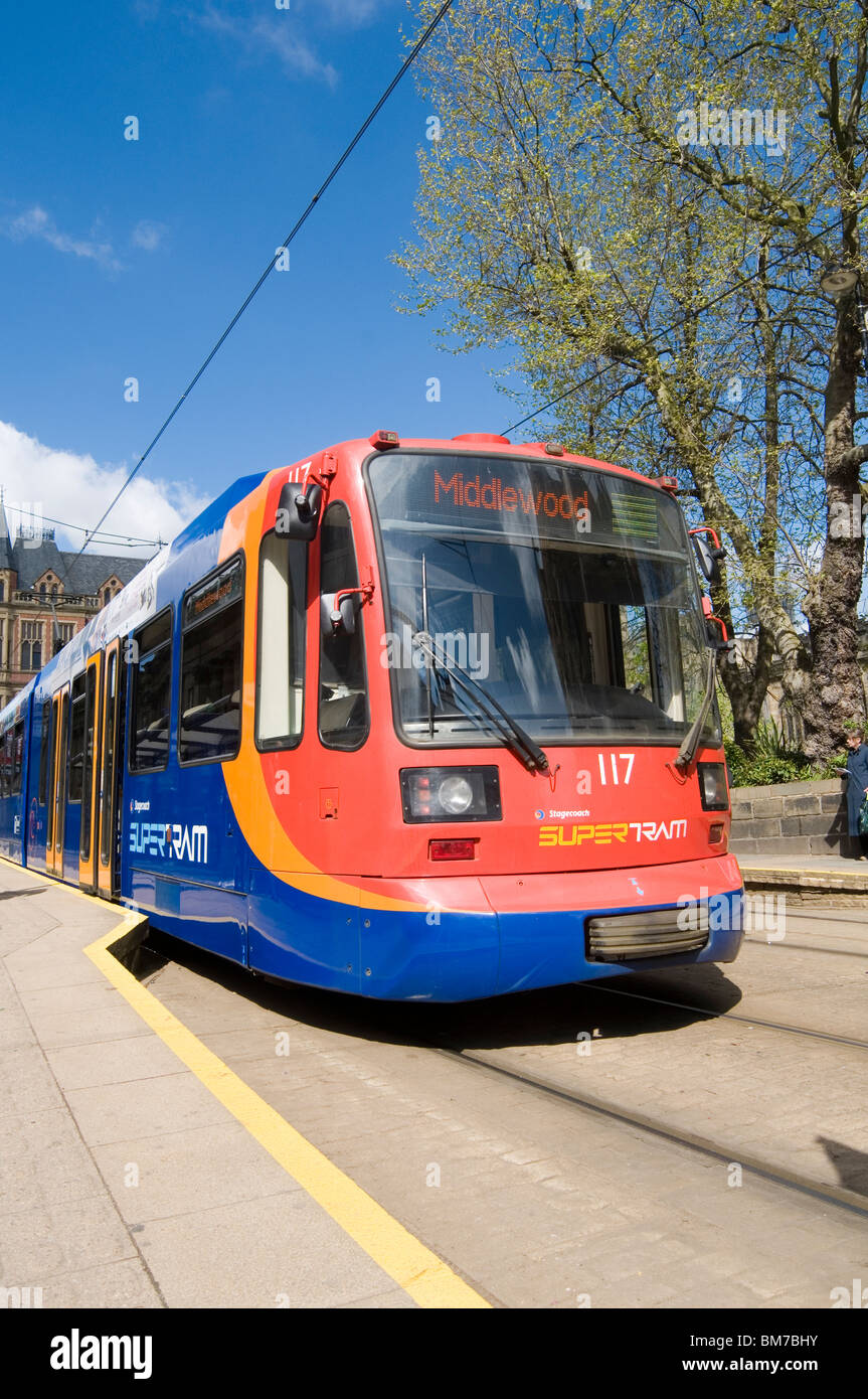 Sheffield Stadt Zentrum Straßenbahn Straßenbahnen Süd-Yorkshire uk Infrastruktur Transportsystem integriert öffentliche super Supertram Su Stockfoto