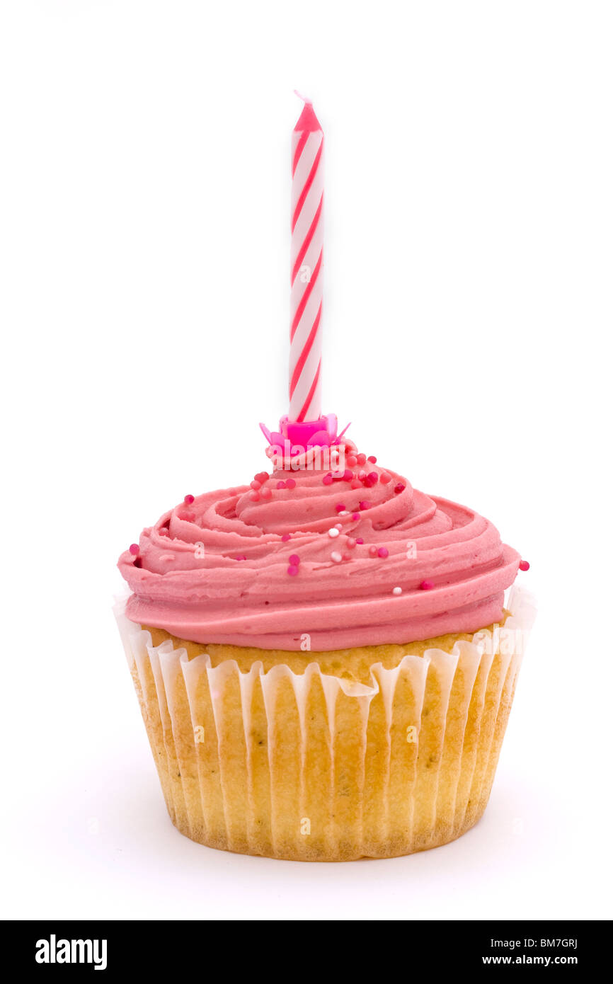 Rosa Cupcake mit Kerze auf einem weißen Hintergrund Stockfoto
