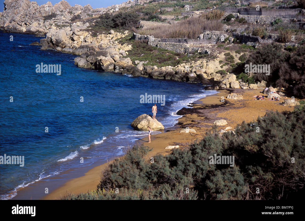 Bucht von San Blas ist ein kleiner Sandstrand in Gozo in Malta. Stockfoto