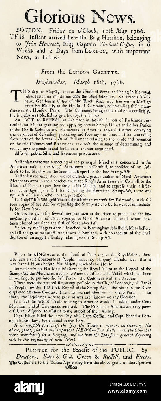 Flugblatt der Bekanntgabe Aufhebung der Stamp Act, 1766. Holzschnitt mit einem Aquarell waschen Stockfoto