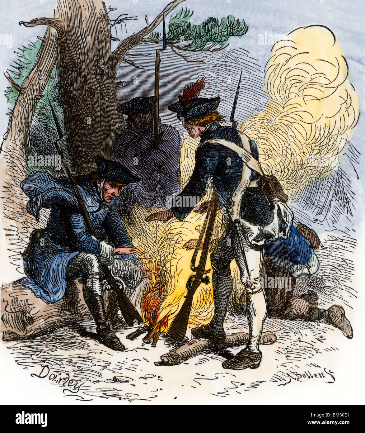 Mutlos amerikanische Soldaten Unordnung um ein Lagerfeuer in der Valley Forge. Hand - farbige Holzschnitt Stockfoto