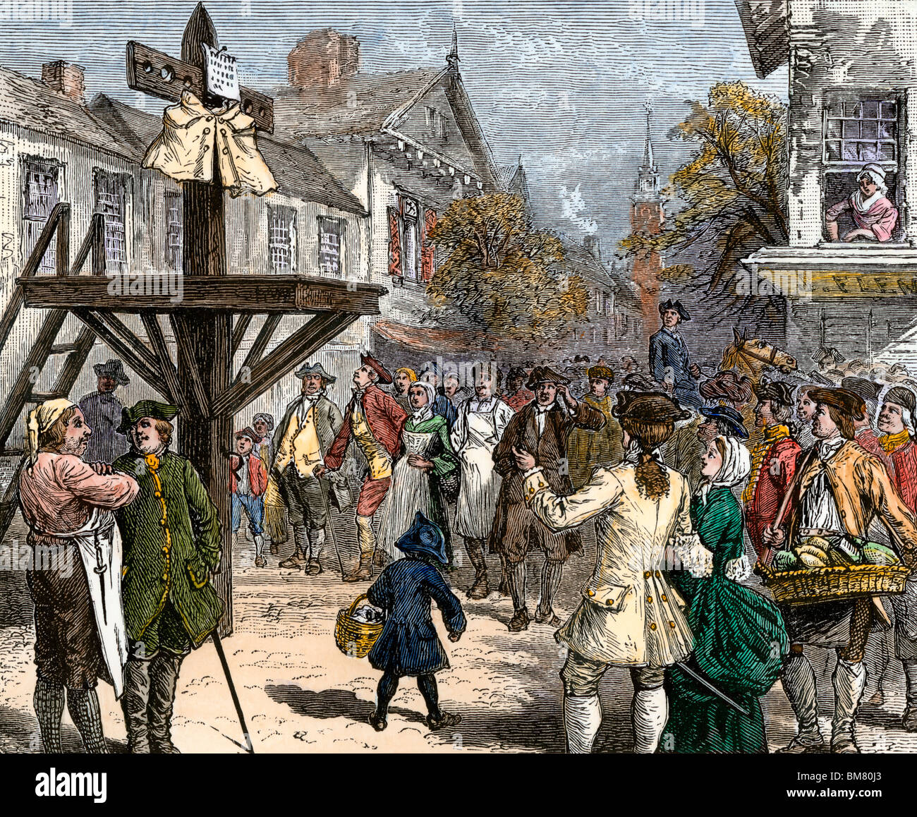 Söhne der Freiheit bestrafen Tee looter nach Boston Tea Party von seinem Mantel nageln zu einem post, 1773. Hand - farbige Holzschnitt Stockfoto