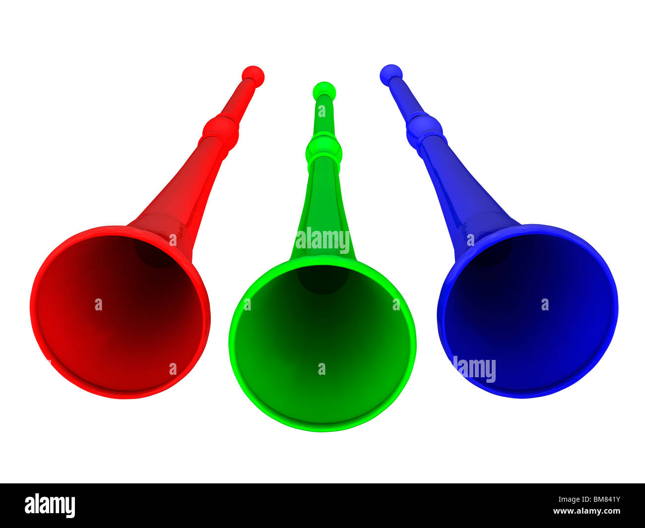 Vuvuzela Hörner in rot grün und blau auf weißem Hintergrund Stockfoto