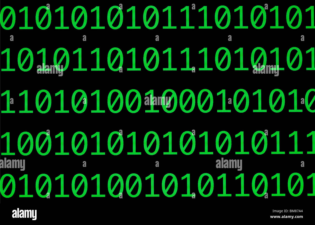 Binärzahlen, Nullen und Einsen, in grün auf einem schwarzen Computermonitor Stockfoto