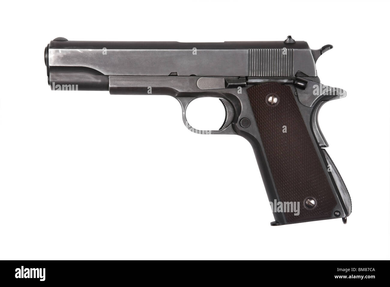 Legendäre US-Armee Pistole Colt 1911A1 isoliert auf weißem Hintergrund. Militärischen Modell (grau). Stockfoto