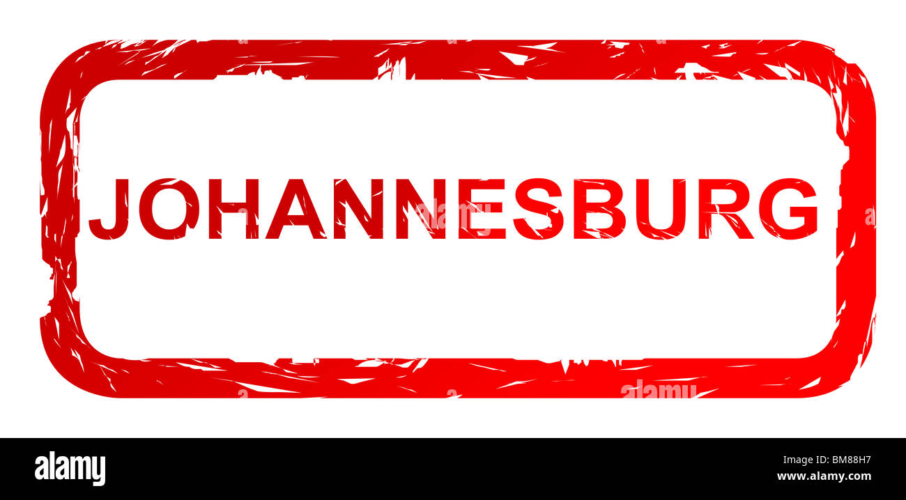 Verwendete rote Johannesburg Stadt Reisen Passstempel, isoliert auf weißem Hintergrund. Stockfoto