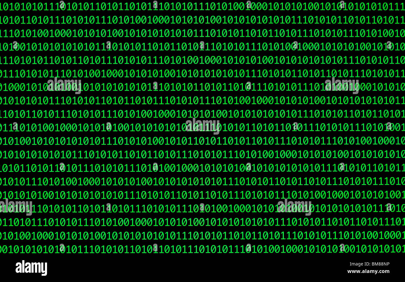 Binärzahlen, Nullen und Einsen, in grün auf einem schwarzen Computermonitor Stockfoto