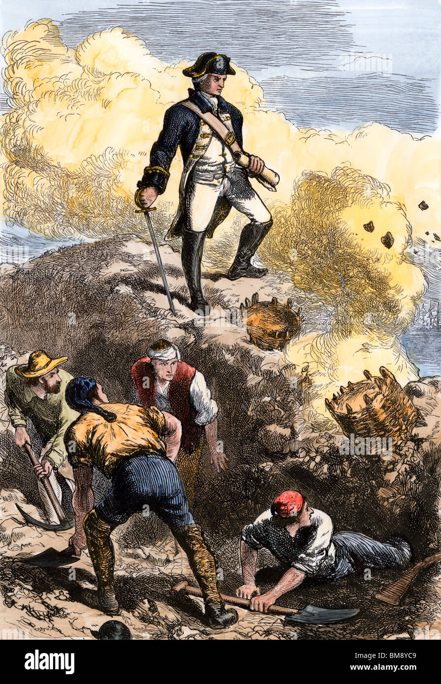 Prescott auf der Schanze in der Verteidigung von Breeds Hill, Schlacht von Bunker Hill, 1775. Hand - farbige Holzschnitt Stockfoto