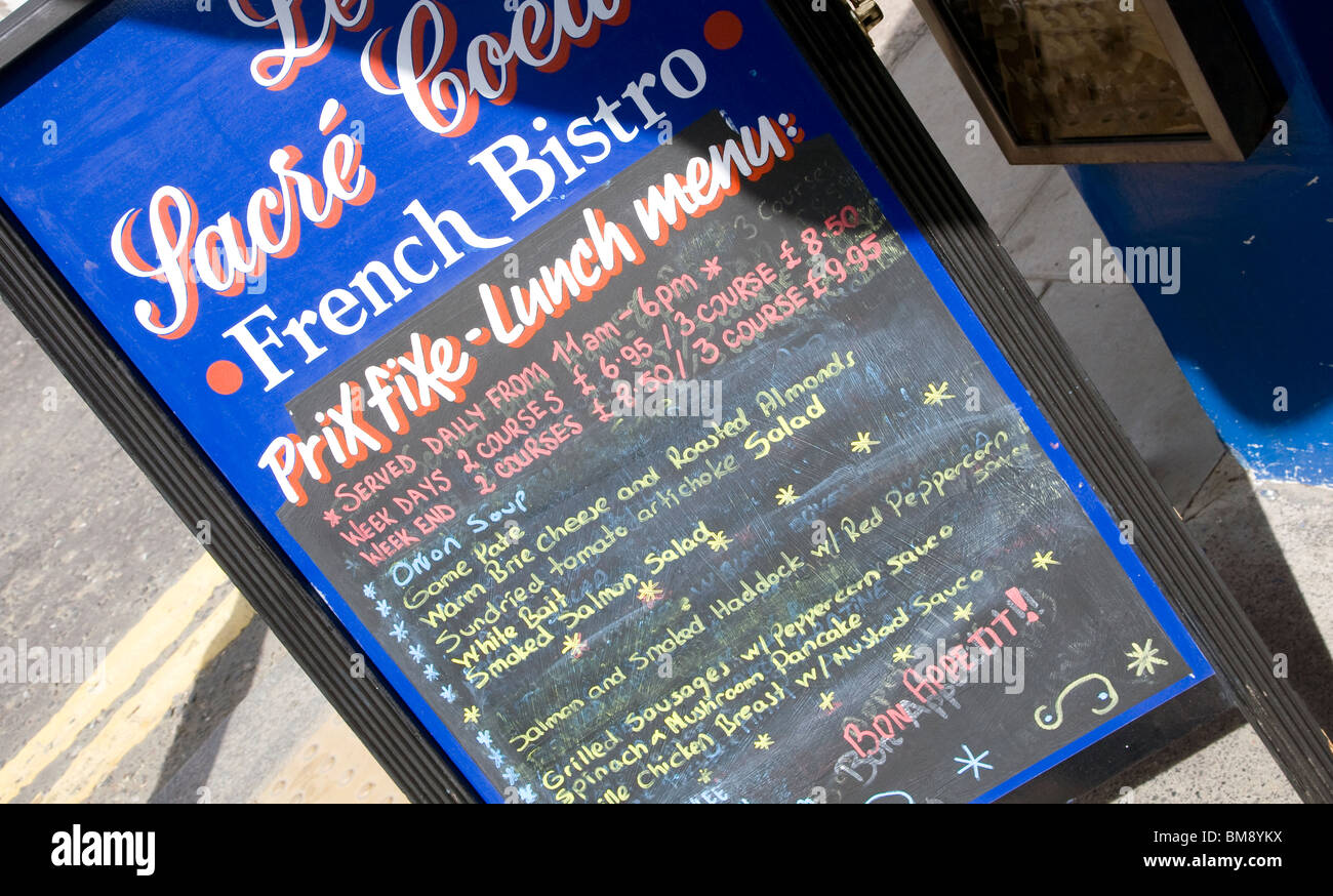 Menü außerhalb französisches Bistro, London Stockfoto