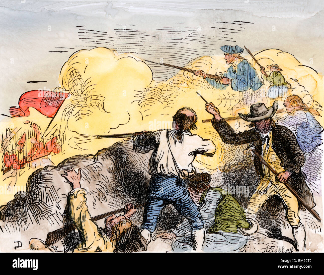 Amerikaner schießen auf die vorrückenden Briten von der Redoute auf Bunker Hill, 1775. Hand - farbige Holzschnitt Stockfoto