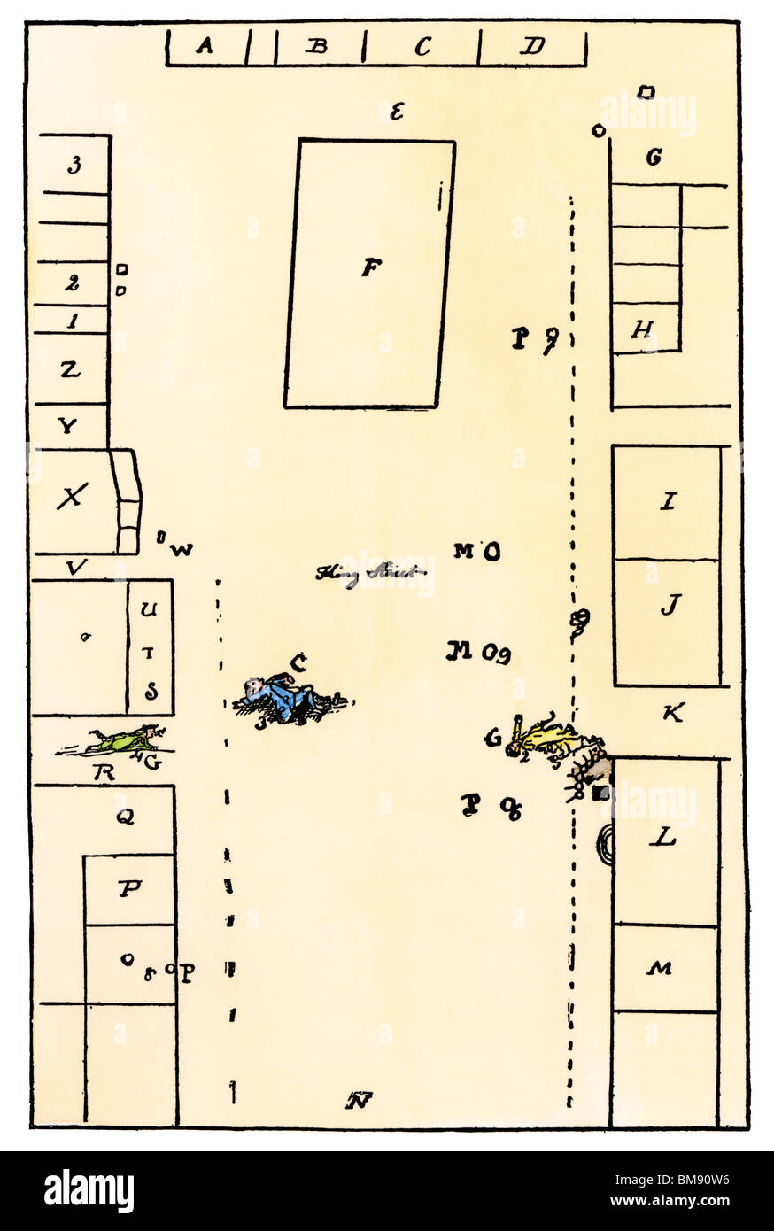 Paul Revere's Zeichnung des Boston Massaker in der King Street, im Versuch der britischen Soldaten verwendet. Holzstich mit einem Aquarell waschen Stockfoto