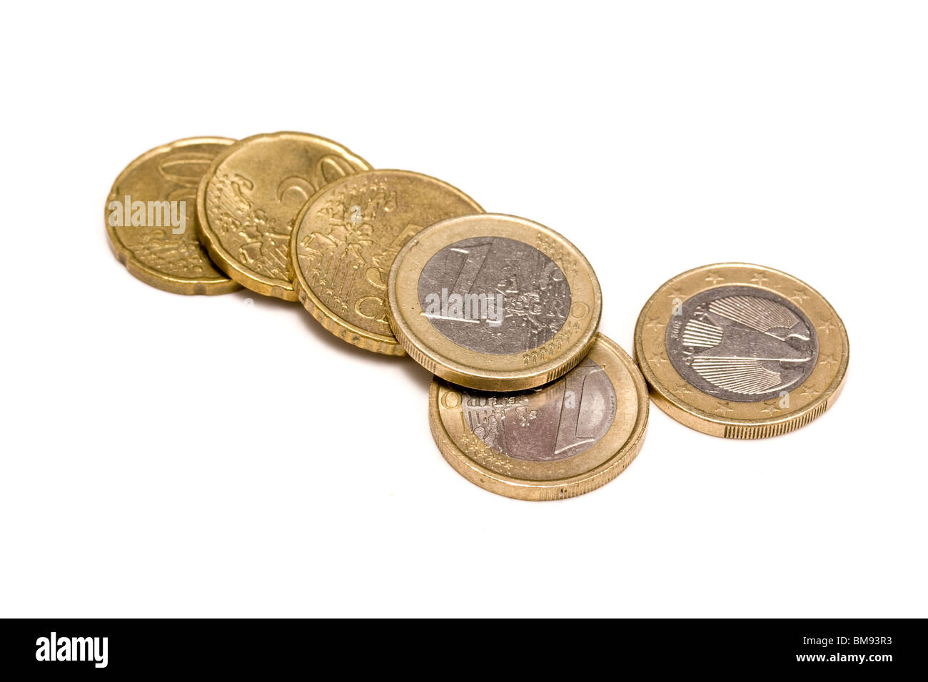 Euro-Münzen, die isoliert auf weiss Stockfoto