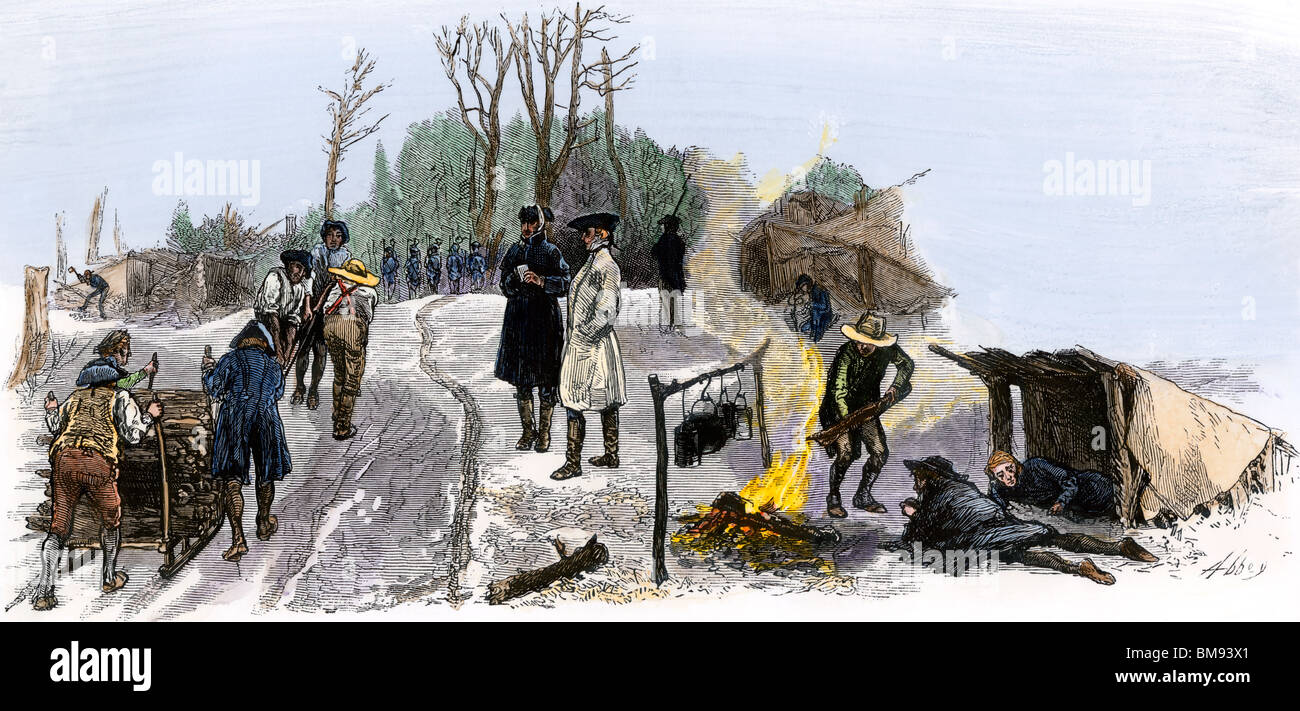 Continental Soldaten am Winterlager in Valley Forge, revolutionären Krieg. Hand - farbige Holzschnitt Stockfoto