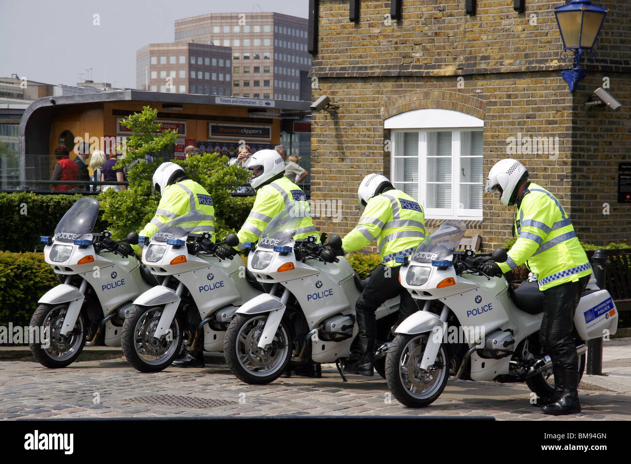 Metropolitan Police Special Escort Group Motorrad Vorreiter. Stockfoto