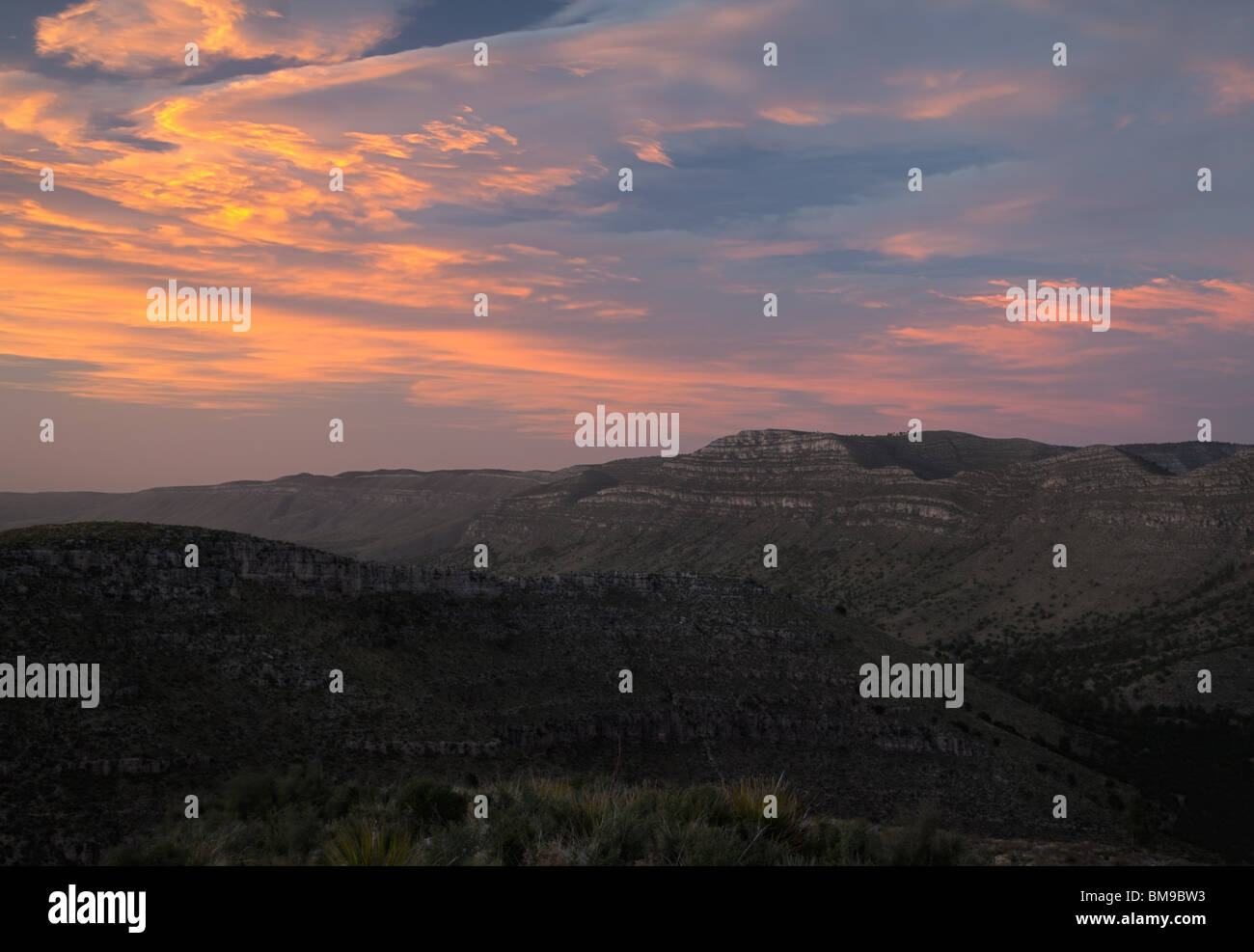 Sonnenuntergang über Upper Hund Canyon, Guadalupe Mountains Nationalpark, Texas Stockfoto
