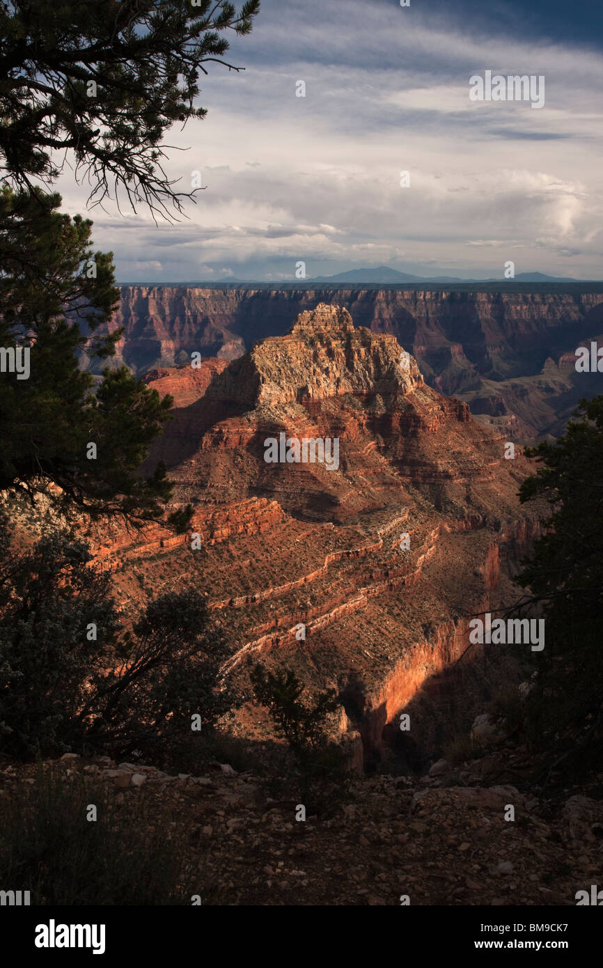 Panoramablick auf das malerische Vista der Bright Angel von North Rim des Grand Canyon gemalt in warmes Licht dramatische Himmel Hintergrund inspirierende Natur Landschaften Stockfoto