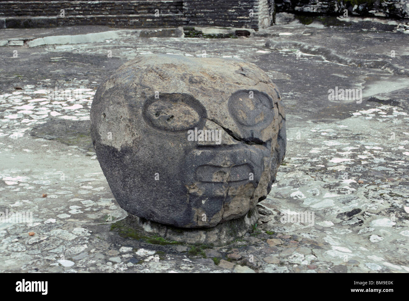 Präkolumbianischen Steinkopf in den Patio de Los Atares, archäologische Zone, Cholula, Puebla, Mexiko Stockfoto