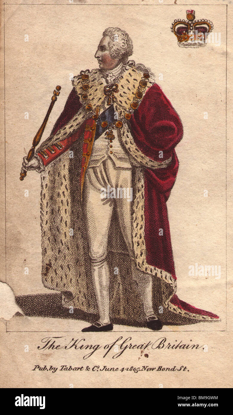 Der König von Großbritannien, in Roben aus samt eingefasst mit Hermelin, hält einen Zepter. Krone oben rechts. Stockfoto