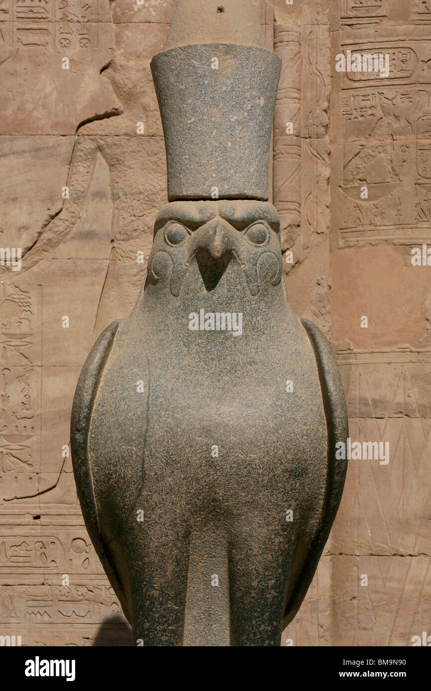 Statue des Falken Gottes Horus im Horus Tempel in Edfu, Ägypten Stockfoto