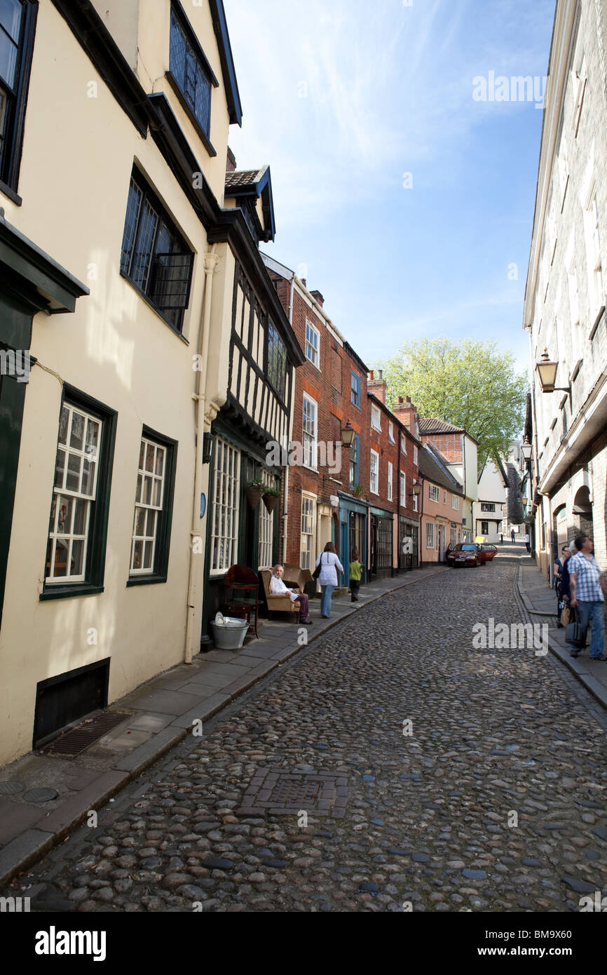 Historic Elm Hill in der Innenstadt von Norwich, Norfolk, England Stockfoto