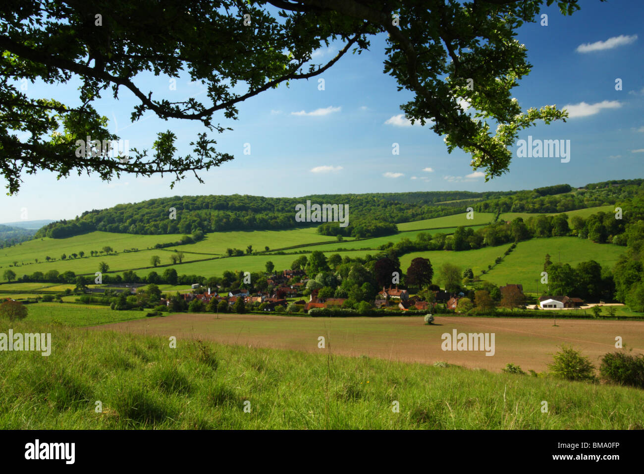 Blick vom Cobstone Hill mit der Buckinghamshire Dorf Turville im Tal. Die Chilterns, Vereinigtes Königreich. Stockfoto