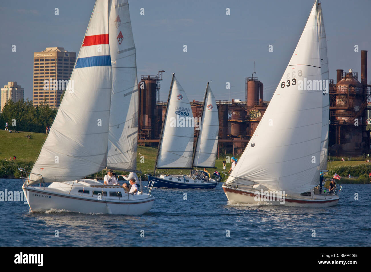 Seattle, WA Segelboote am Lake Union Rennen in der wöchentlichen Ente Dodge-Regatta, GasWorks Park im Hintergrund Stockfoto