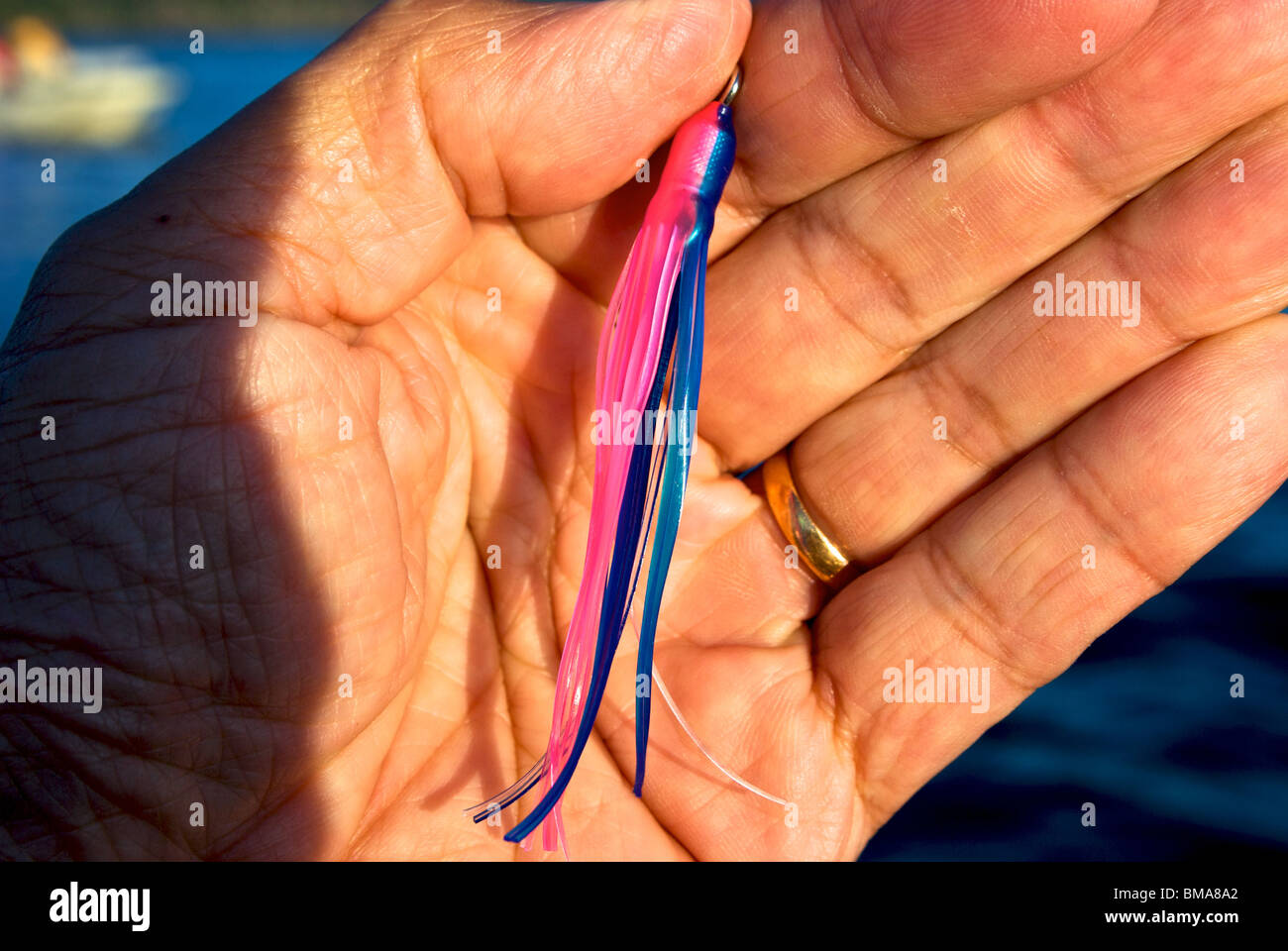 Hand, die kleine rosa mit blauen Plankton Größe Hoochie trolling Köder für Chum Lachsangeln im Herbst Stockfoto