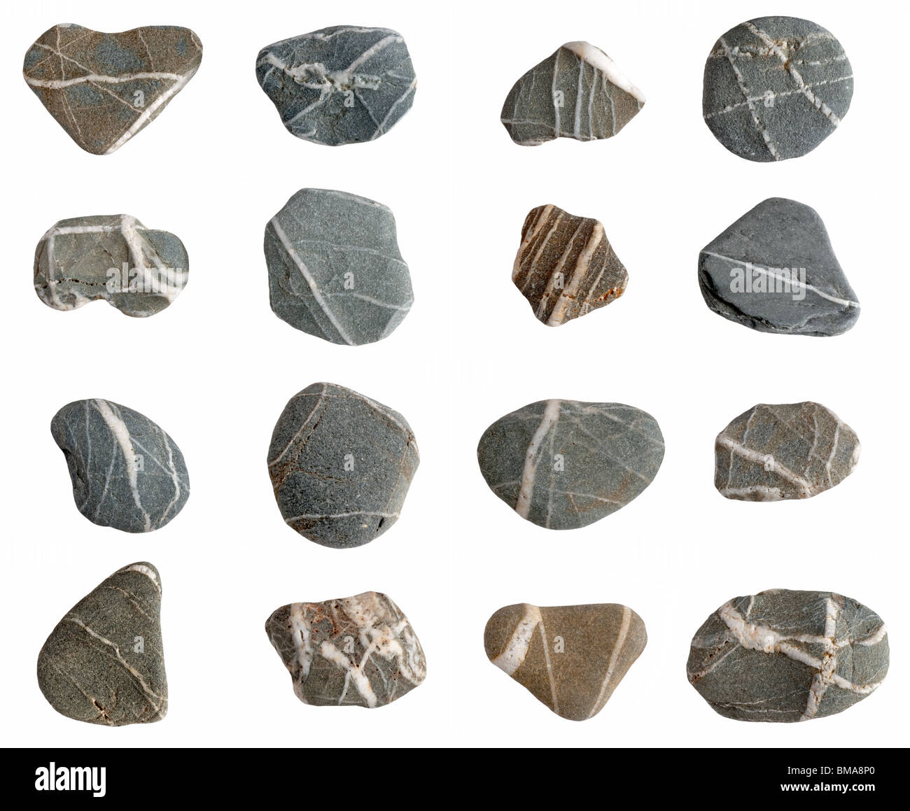 Strand Kieselsteine Sammlung isoliert auf einem weißen Hintergrund. Stockfoto