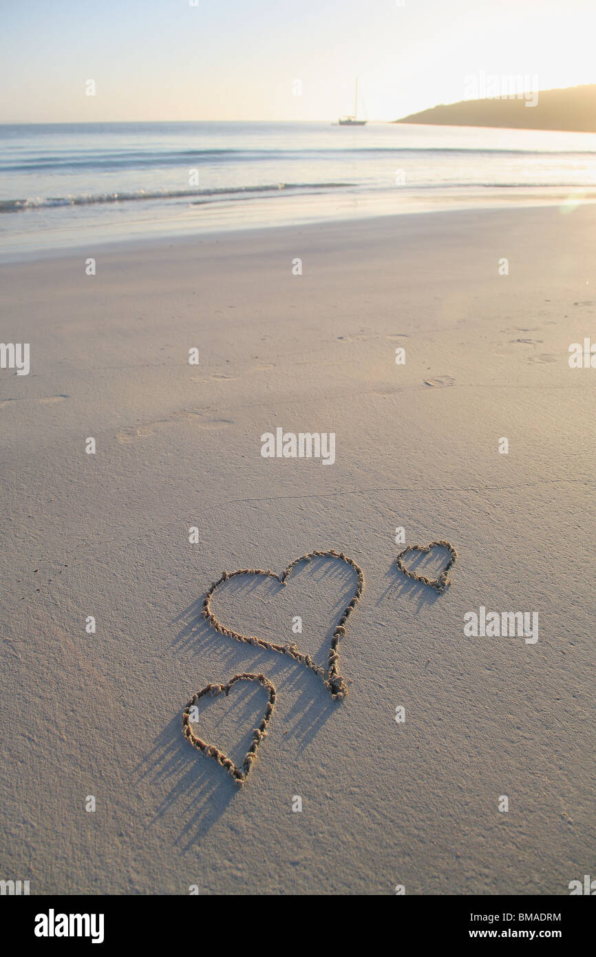 Drei Liebe Herz am Strand Stockfoto