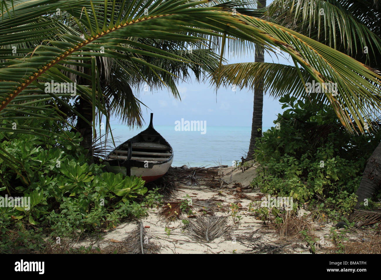 Boot am Strand von Bangaram Island Resort, Lakshadweep Inseln, Kerala, Indien Stockfoto