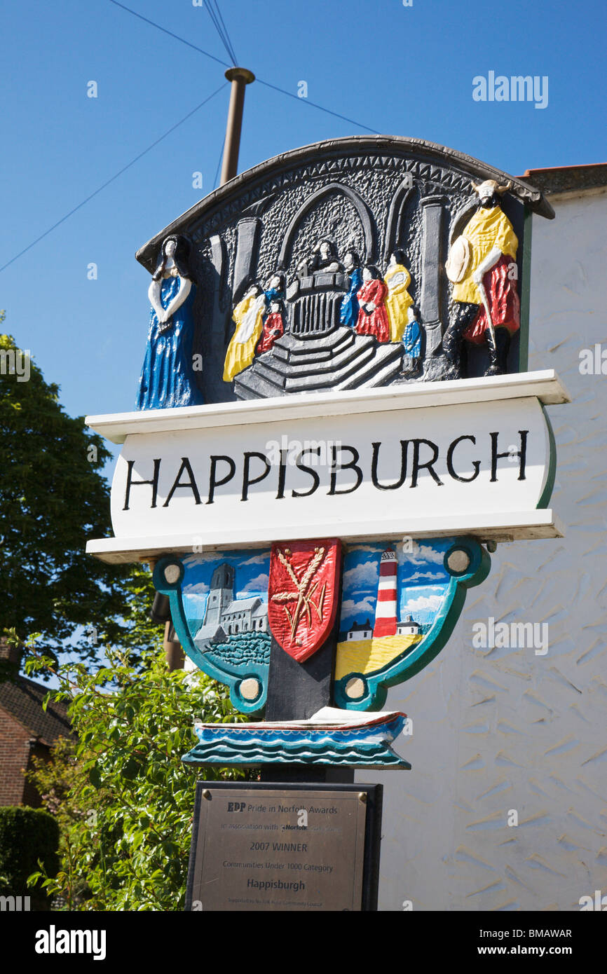 Das Dorf Happisburgh unterzeichnen, Norfolk, England, UK. Stockfoto