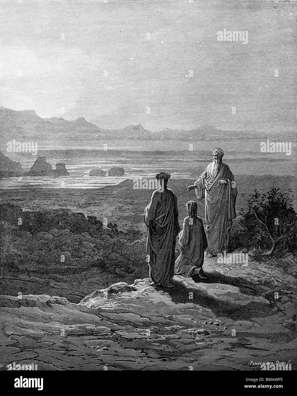 Gravur von Gustave Doré aus Alighieris göttliche Komödie "Fegefeuer und Paradies"; Dante und Vergil treffen Cato von Utica Stockfoto