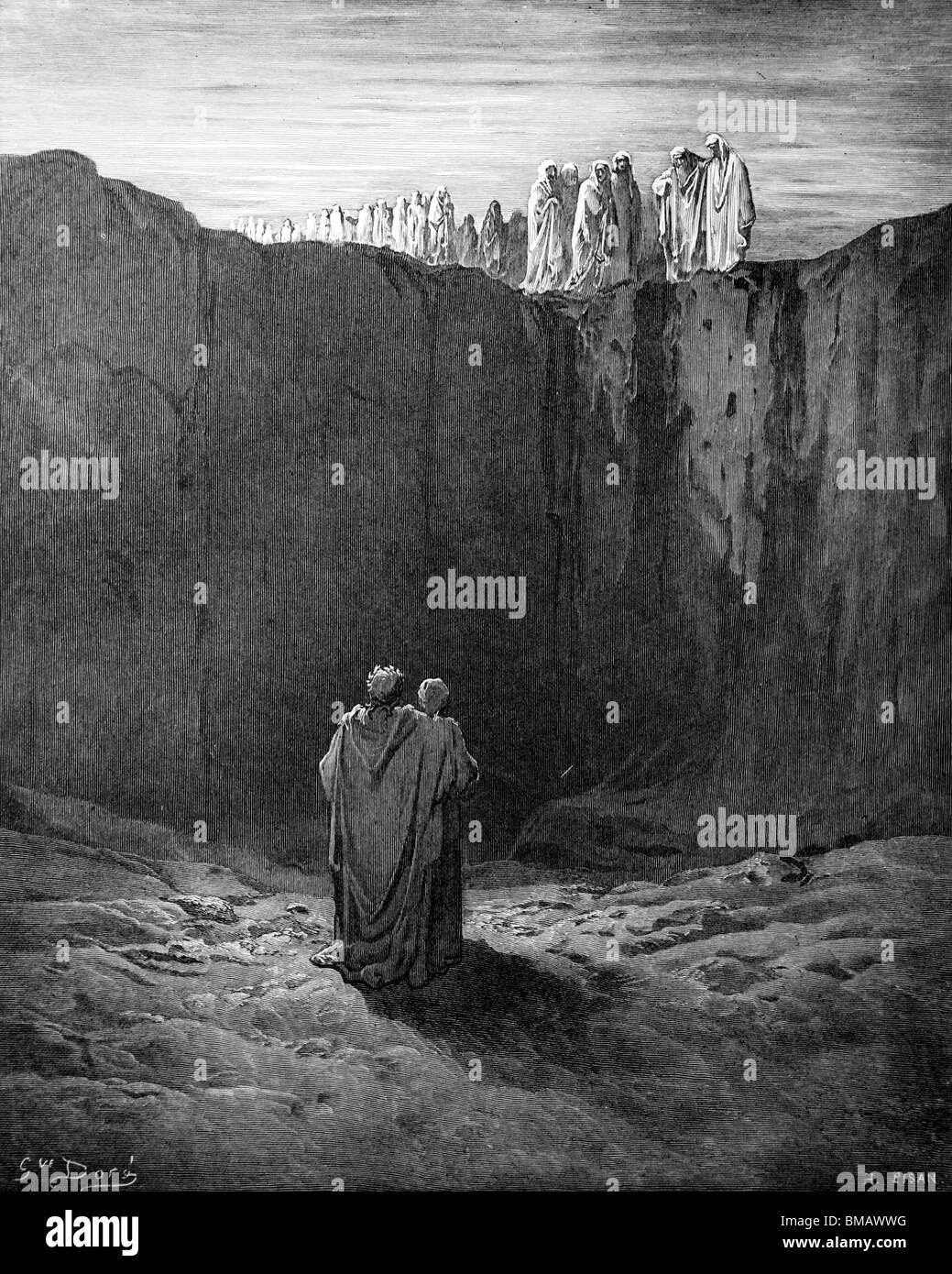 Gravur von Gustave Doré aus Alighieris göttliche Komödie "Fegefeuer und Paradies"; Dante und Vergil am Fuße des Mount P Stockfoto