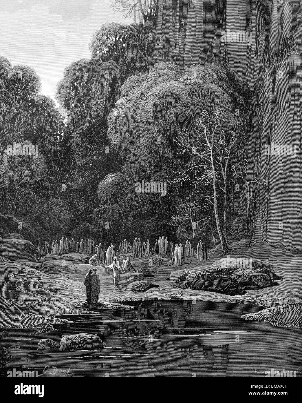 Gravur von Gustave Doré aus Alighieris göttliche Komödie "Fegefeuer und Paradies"; Dante und Vergil erfüllen die Seelen der Stockfoto