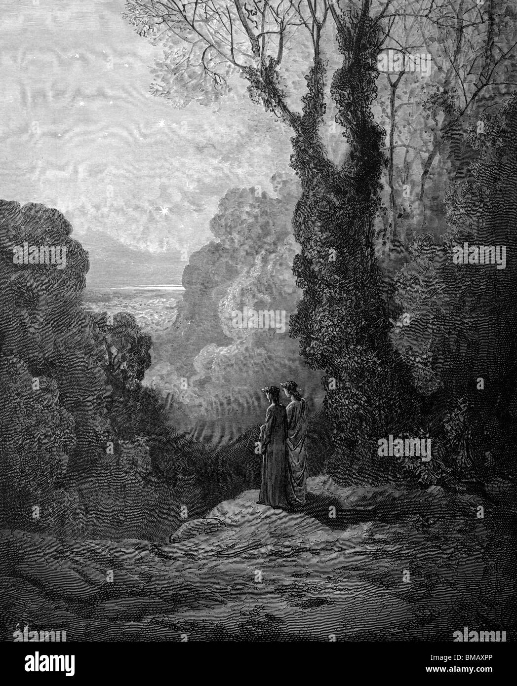 Gravur von Gustave Doré aus Alighieris göttliche Komödie "Fegefeuer und Paradies"; Dante und Vergil geben Sie Isle Moun Stockfoto