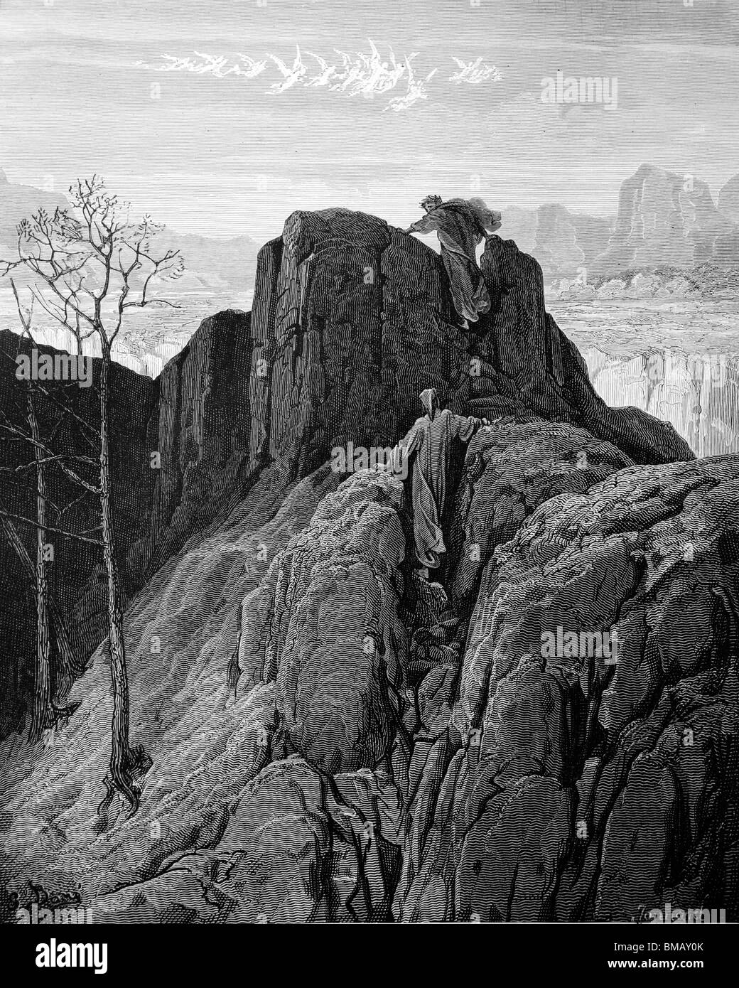 Gravur von Gustave Doré aus Alighieris göttliche Komödie "Fegefeuer und Paradies"; Dante & Virgil klettern Mount Fegefeuer Stockfoto
