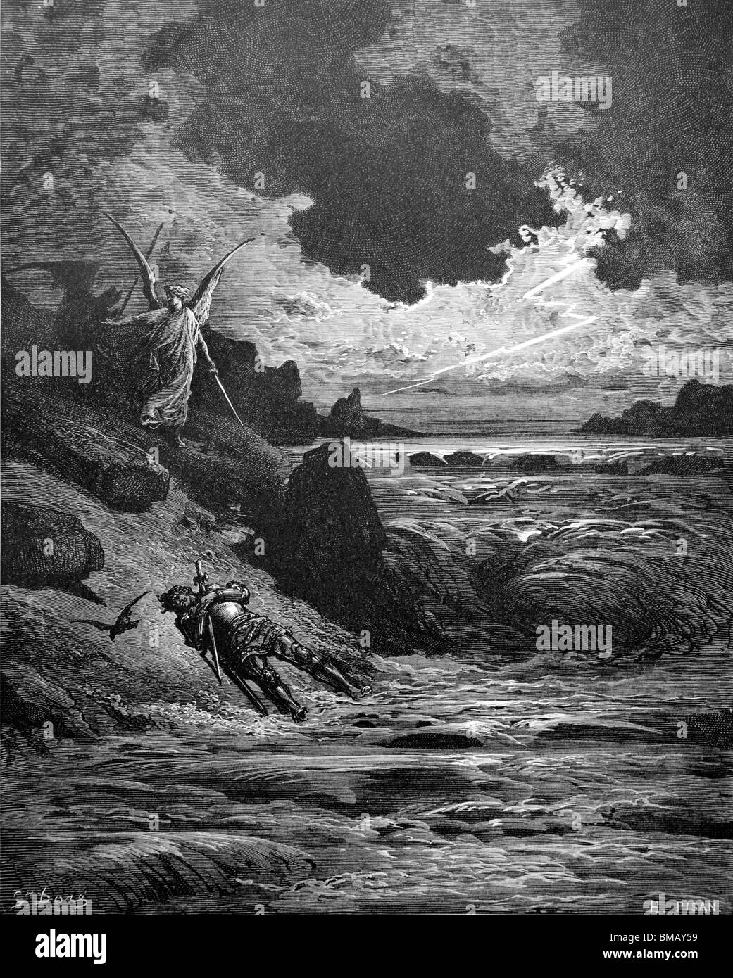 Gravur von Gustave Doré aus Alighieris göttliche Komödie "Fegefeuer und Paradies"; Buonconte da Montefeltro liegt sterbenden Stockfoto