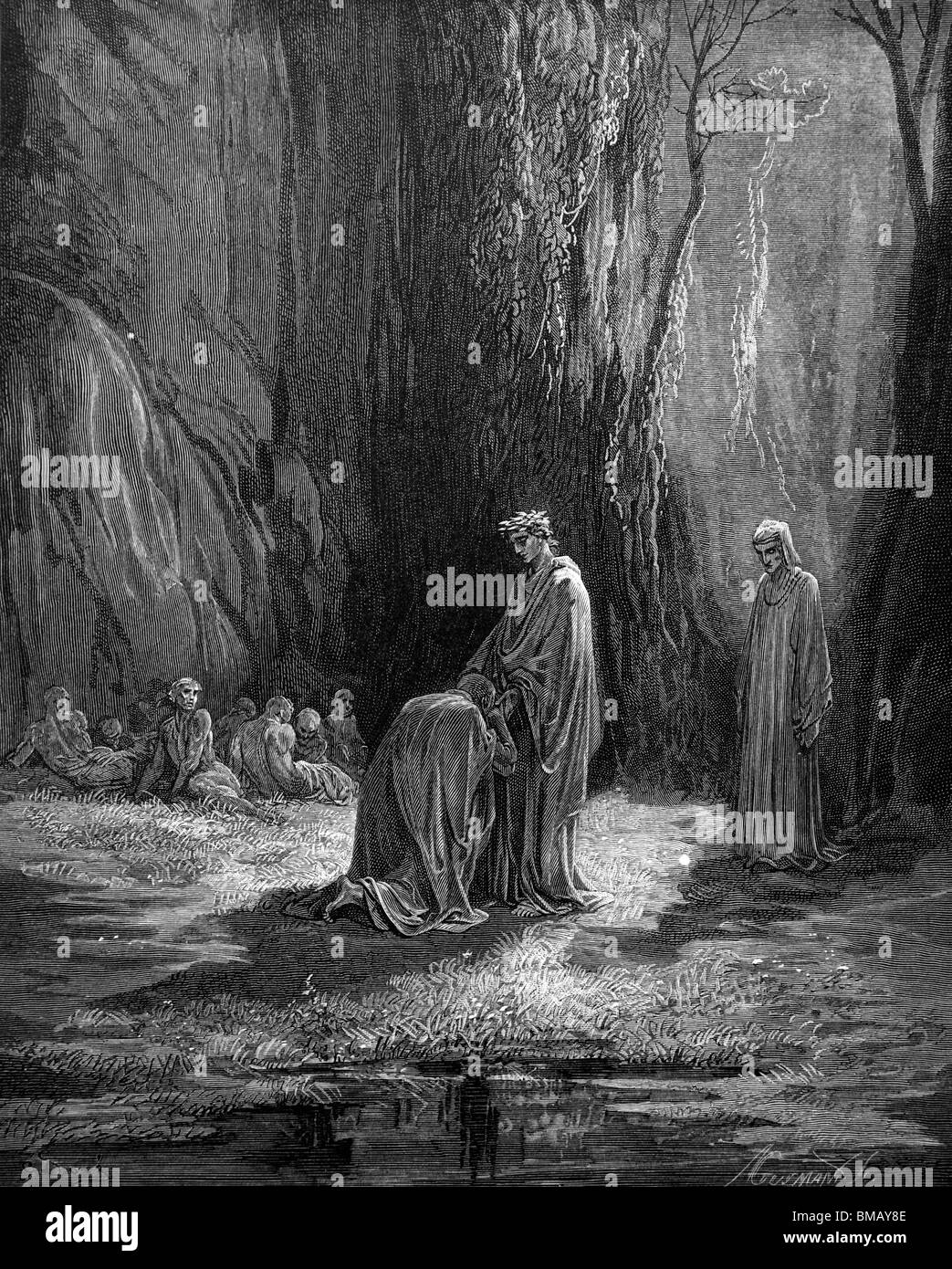 Gravur von Gustave Doré aus Alighieris göttliche Komödie "Fegefeuer und Paradies"; Sordello umarmt Virgil Stockfoto