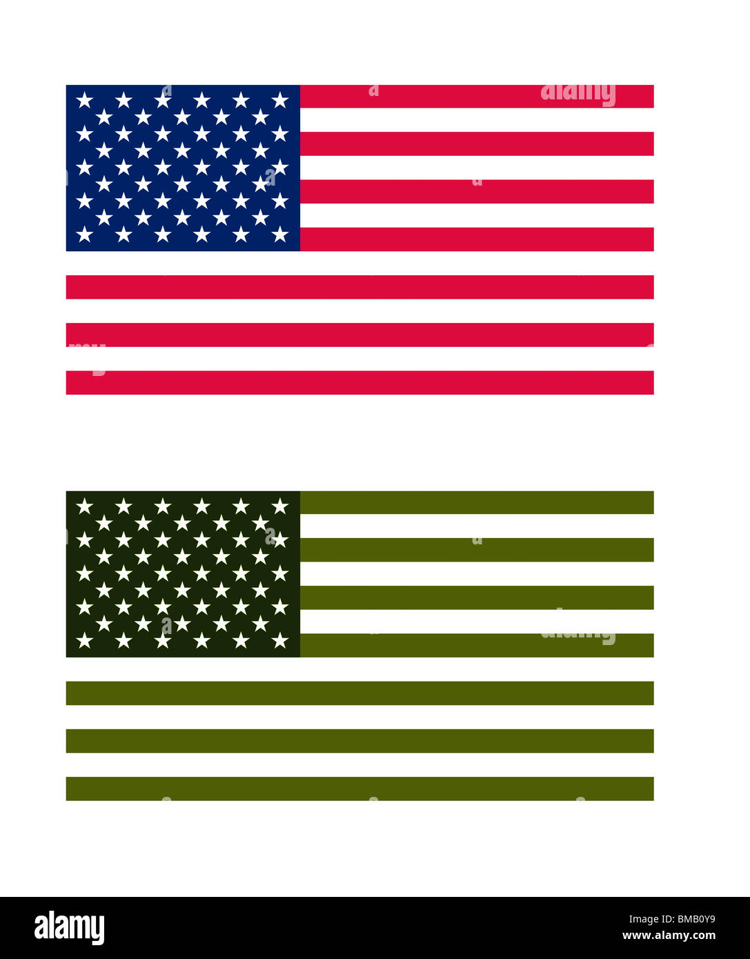 Amerikanische Flagge in Normal und Eco grüne Farben, isoliert auf weißem Hintergrund. Stockfoto