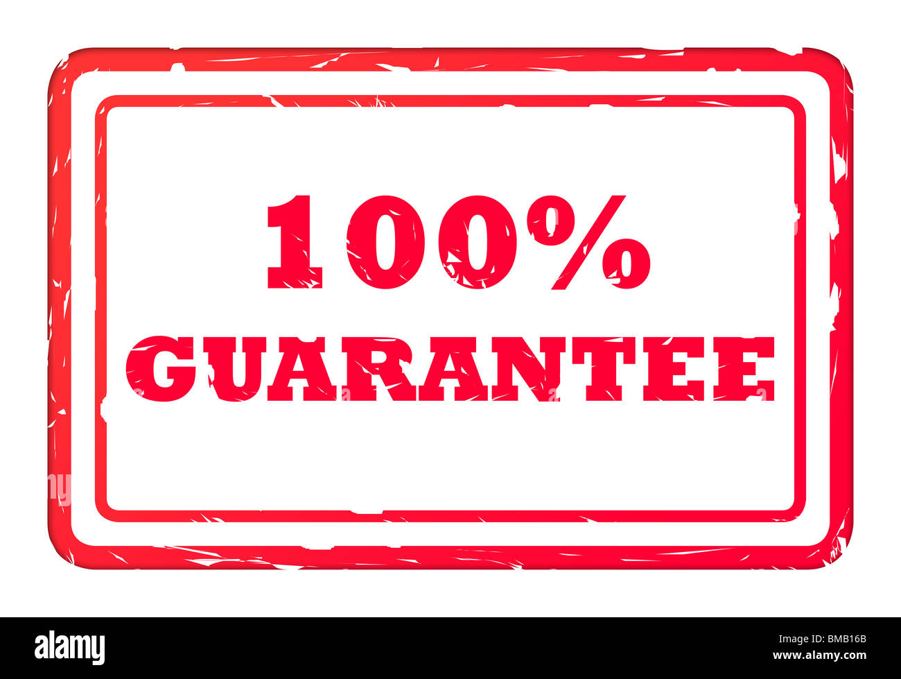 100 % ige Garantie rot verwendet Firmenstempel isoliert auf weißem Hintergrund. Stockfoto