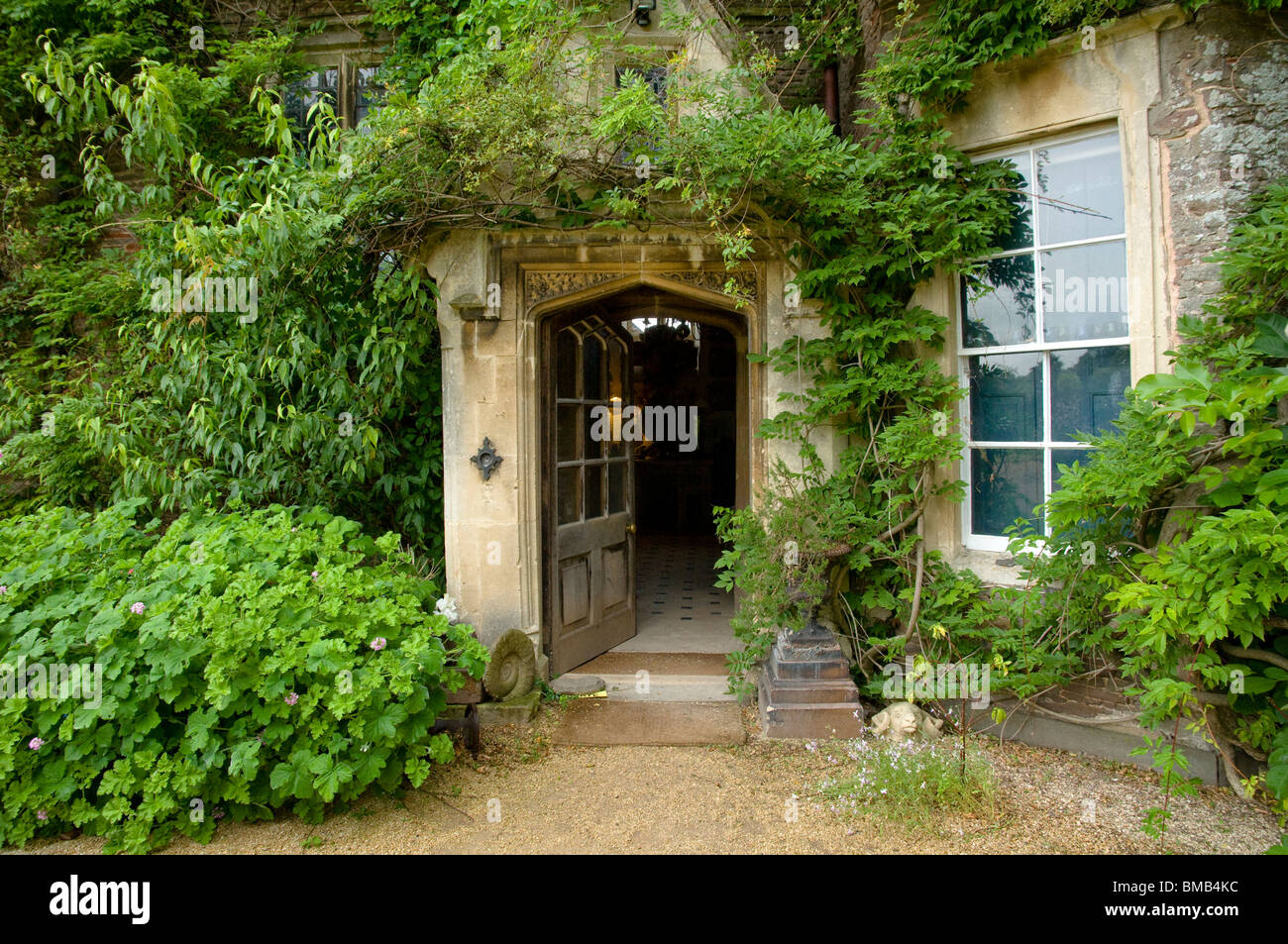 Veranda mit offener Tür; an jüngere Hof Haus und Garten. Bergsteiger, einschließlich Wisteria gibt es zuhauf. Cotswolds, UK Stockfoto