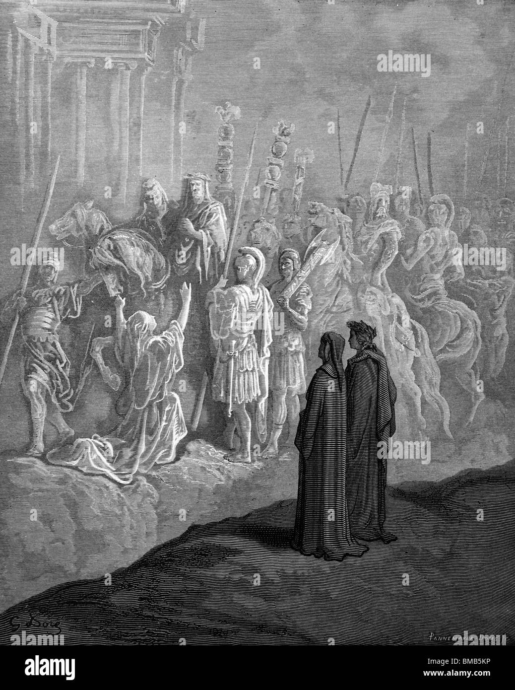 Gravur von Gustave Doré aus Alighieris göttliche Komödie "Fegefeuer und Paradies"; Dante & Virgil Zeuge der Kaiser Traj Stockfoto