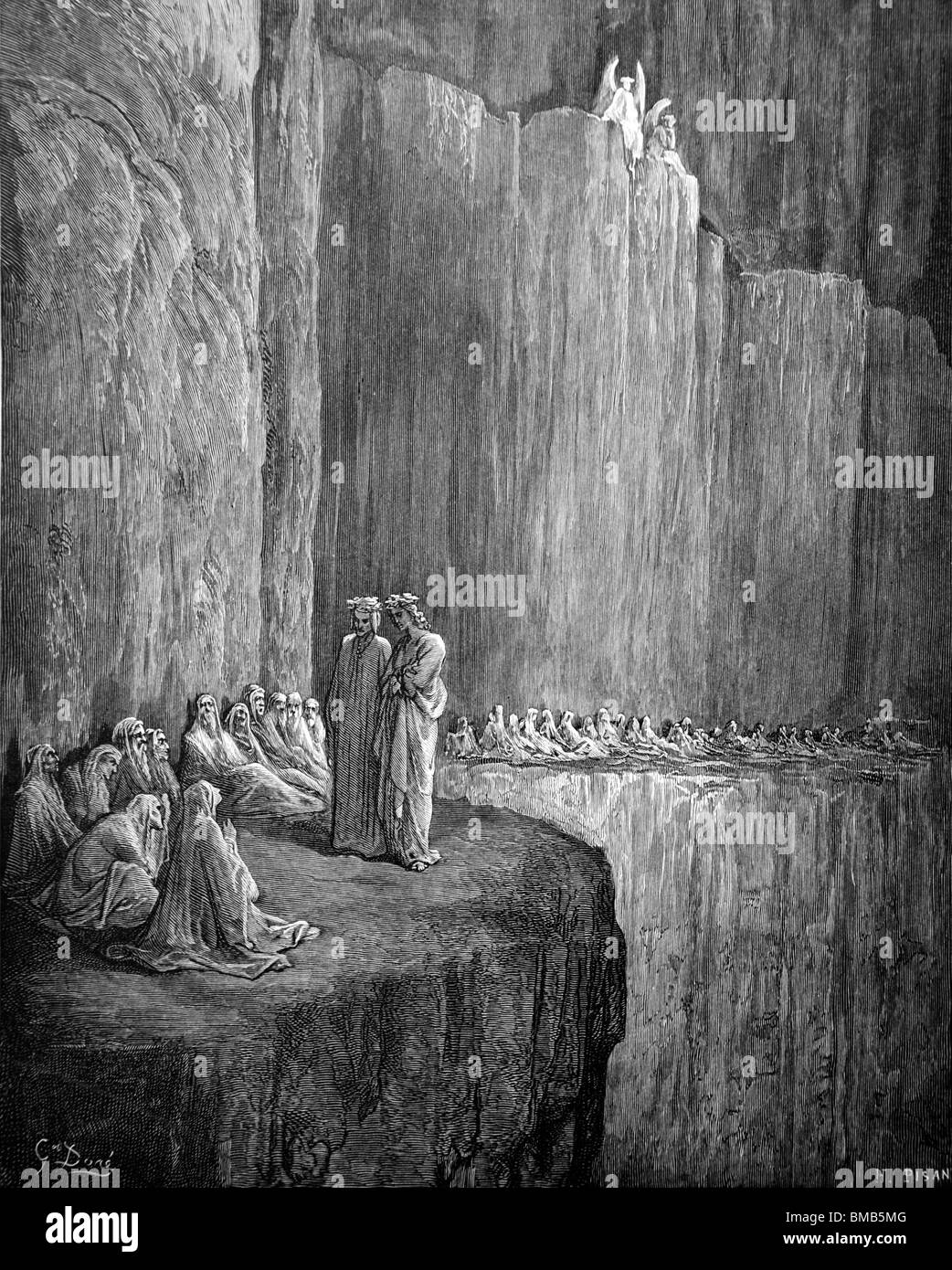 Gravur von Gustave Doré aus Alighieris göttliche Komödie "Fegefeuer und Paradies";  Dante und Vergil treffen die Envious Stockfoto