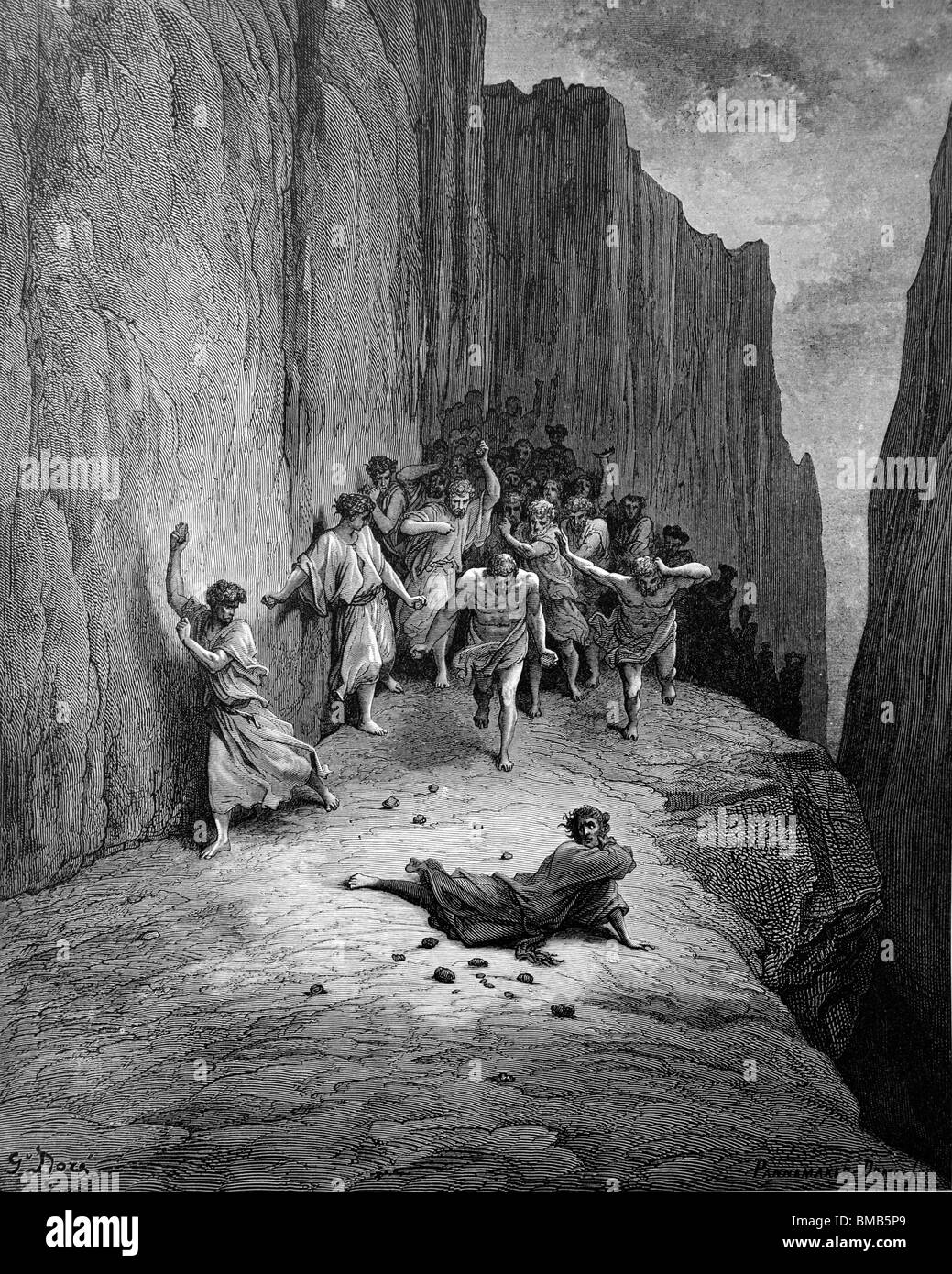 Gravur von Gustave Doré aus Alighieris göttliche Komödie "Fegefeuer und Paradies"; Dante auf der Terrasse von der zornvollen Stockfoto