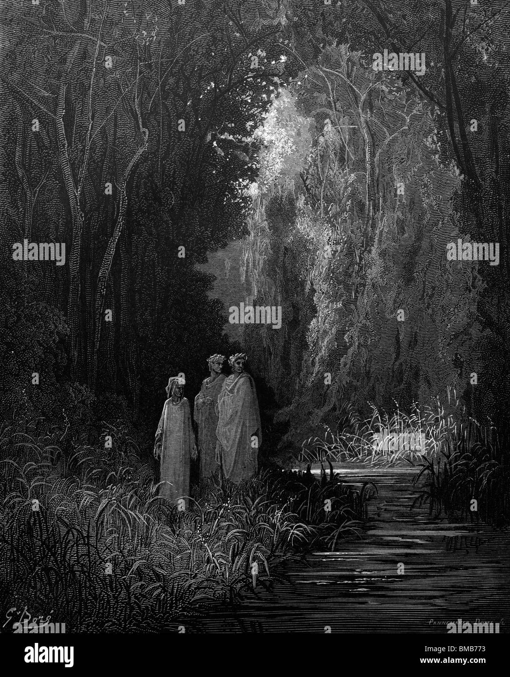 Gravur von Gustave Doré aus Alighieris göttliche Komödie; Dante und Vergil sprechen mit Matelda im Garten Eden Stockfoto