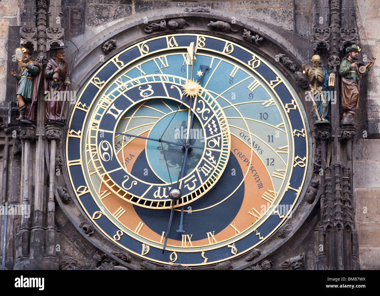 Detail der astronomischen Zifferblatt des Rathauses astronomische Uhr, Old Town, Prag, Tschechische Republik Stockfoto
