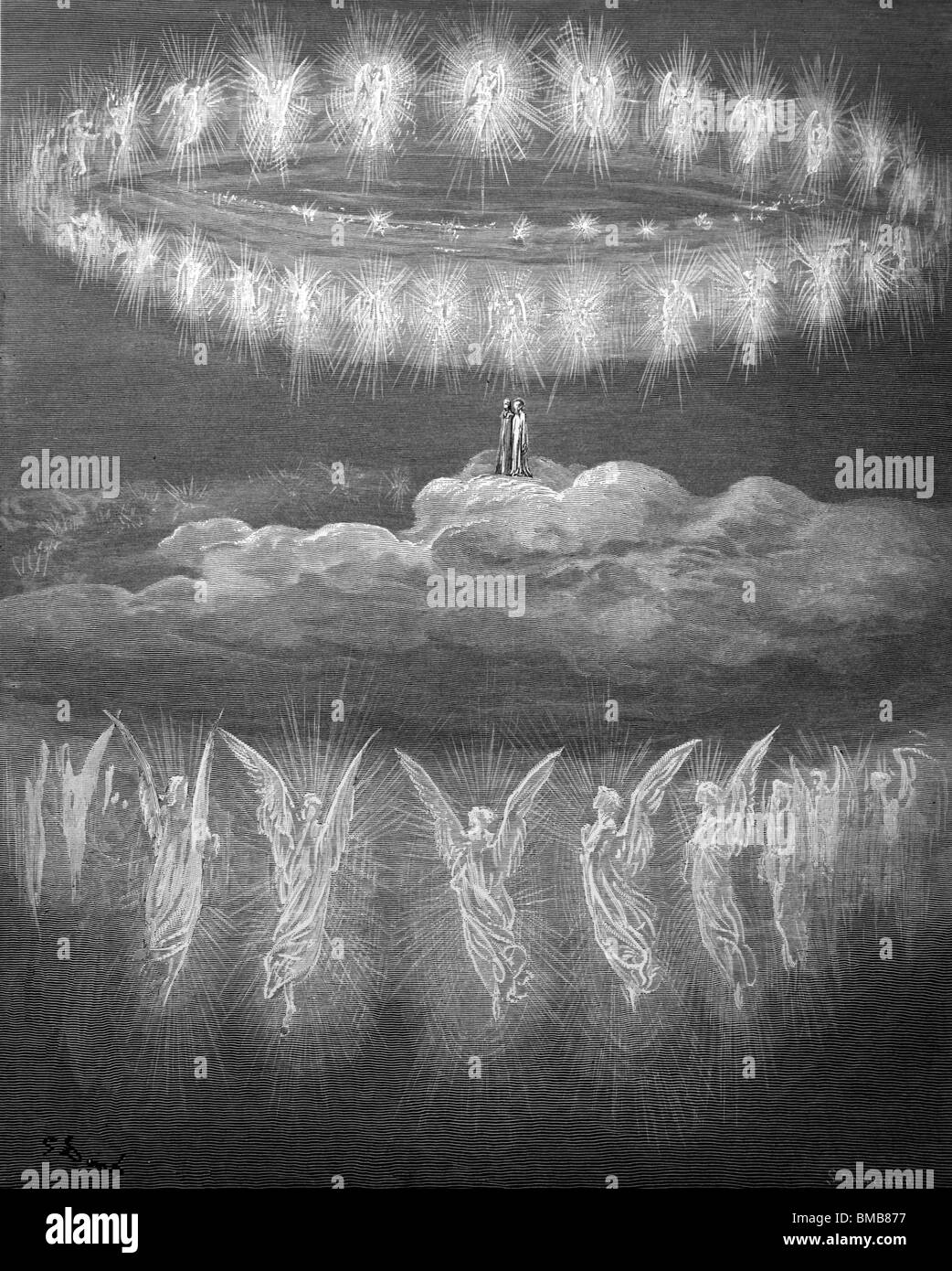 Gravur von Gustave Doré aus Alighieris göttliche Komödie; Dante und Beatrice auf dem Gebiet der Sonne Stockfoto